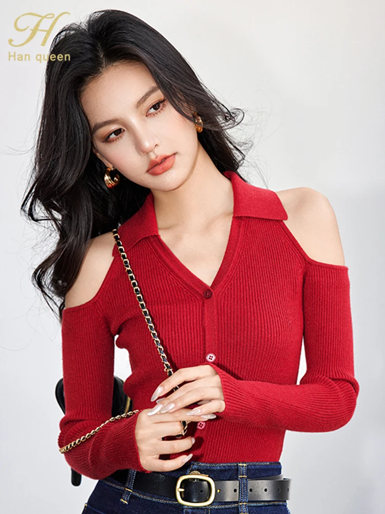 H Han Queen 2024 Spring Youthful Woman Clothes V-Neck Sexy Off The Shoulder Women\'s Sweater Fashion Red Vintage Knitted Cardigan