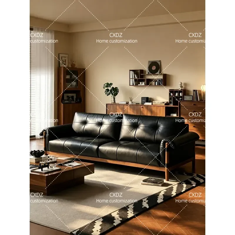 Medium Antique Solid Wood Leather Sofa Black Soft Cushion Retro Living Room Three or Four Seater Straight Row Combination