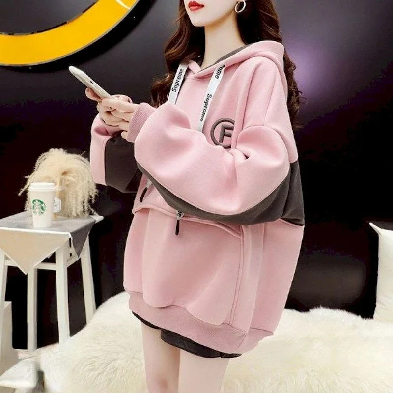 Plush Thicken Hoodies Women Fashion Patchwork Hooded Coats Autumn Winter Trendy Korean Loose Hoodie Y2k Clothes Womens Tops