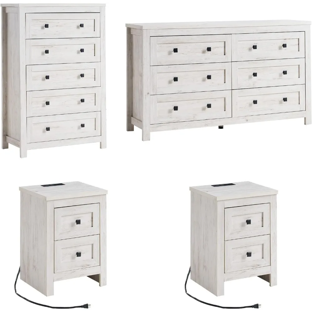 

4 Pieces Farmhouse Bedroom Set, 1 X Wood Rustic 6 Drawer Storage Dresser, 1 X 5 Drawer Dresser, Nightstand Set of 2 with Chargin