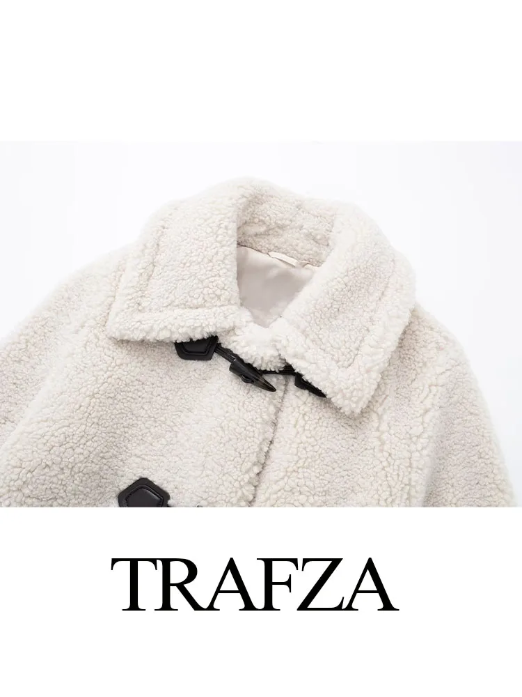 Trafza Frauen Mode weißen Horn Knopf Mantel Vintage Revers Hals lange Ärmel weibliche Winter Chic lässig dicken warmen Fleece Mantel