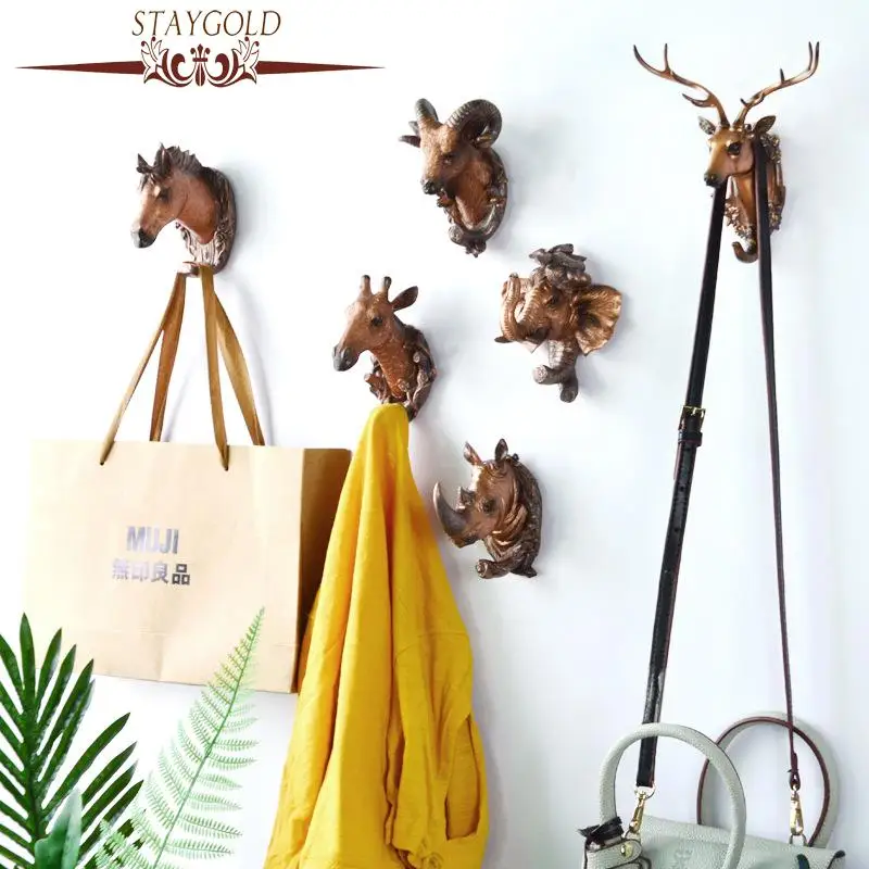 Staygold Animal Hook Hanging Clothes Hat Scarf Key Deer Horns Hanger Rack Wall Rhino Horn No Punching Doorway Home Decor