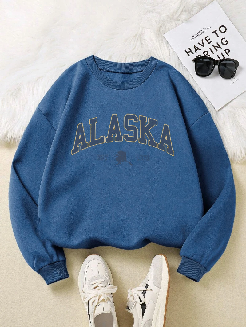 Sudadera con estampado de letras de Alaska America para mujer, ropa deportiva Multicolor de Hip Hop, jerséis de cuello redondo Y2K de lana, ropa de calle holgada