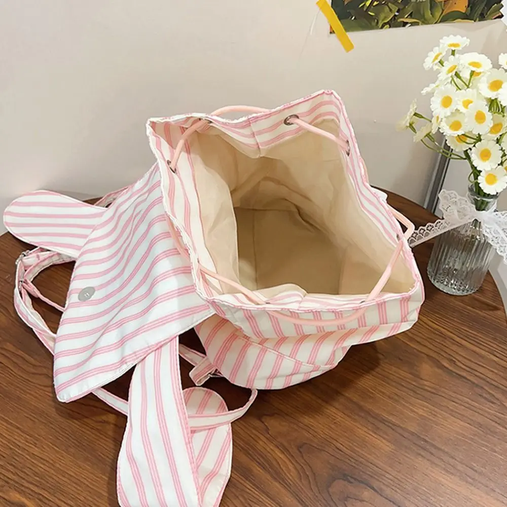 Canvas Backpack Rabbit Ear Backpack Striped Pattern Canvas Bunny Backpack Front Patch Detail Adjustable Shoulder Straps