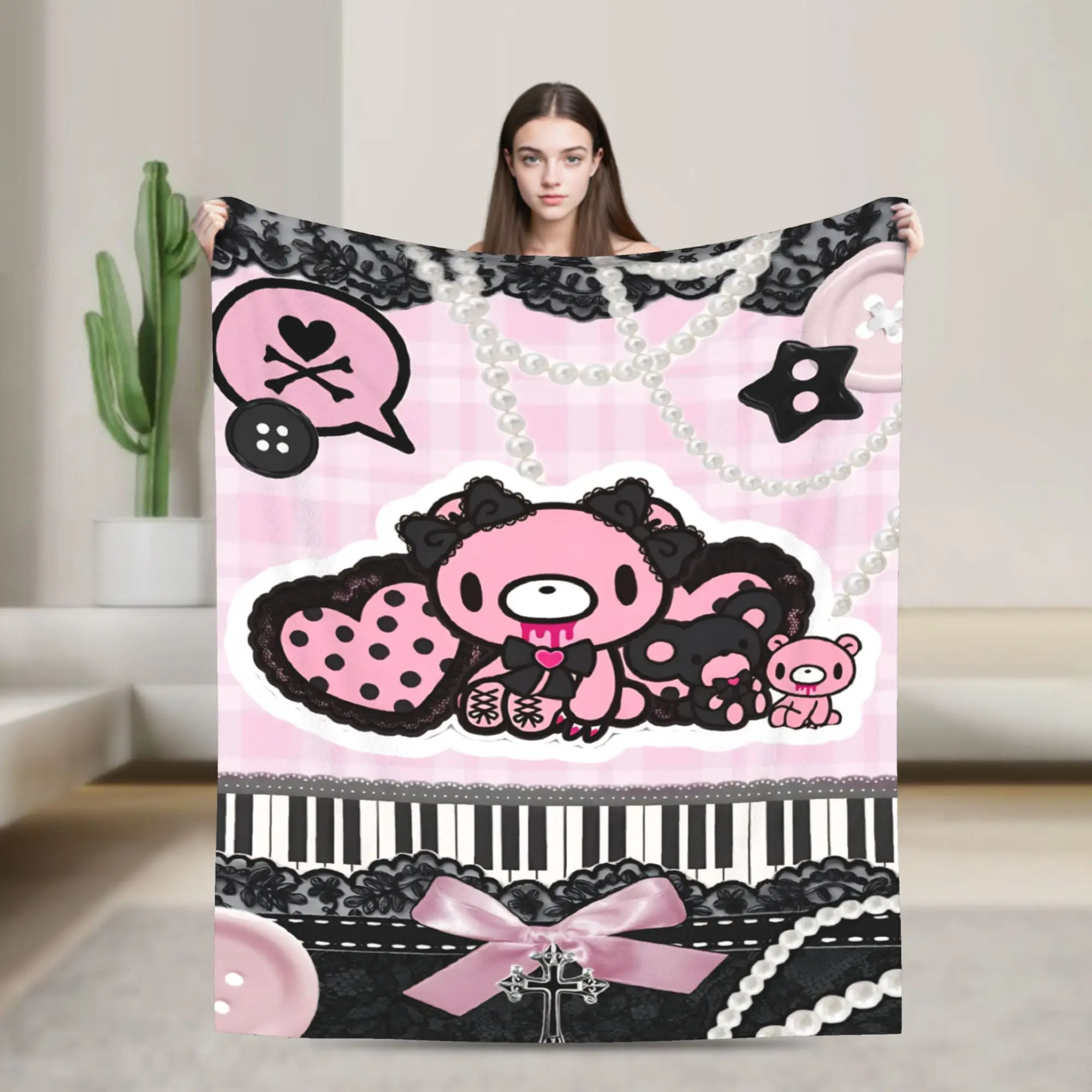 Pink Horror Bear Blankets Velvet Spring/Autumn Gloomys Multi-function Ultra-Soft Throw Blanket for Home Outdoor Plush Thin Quilt