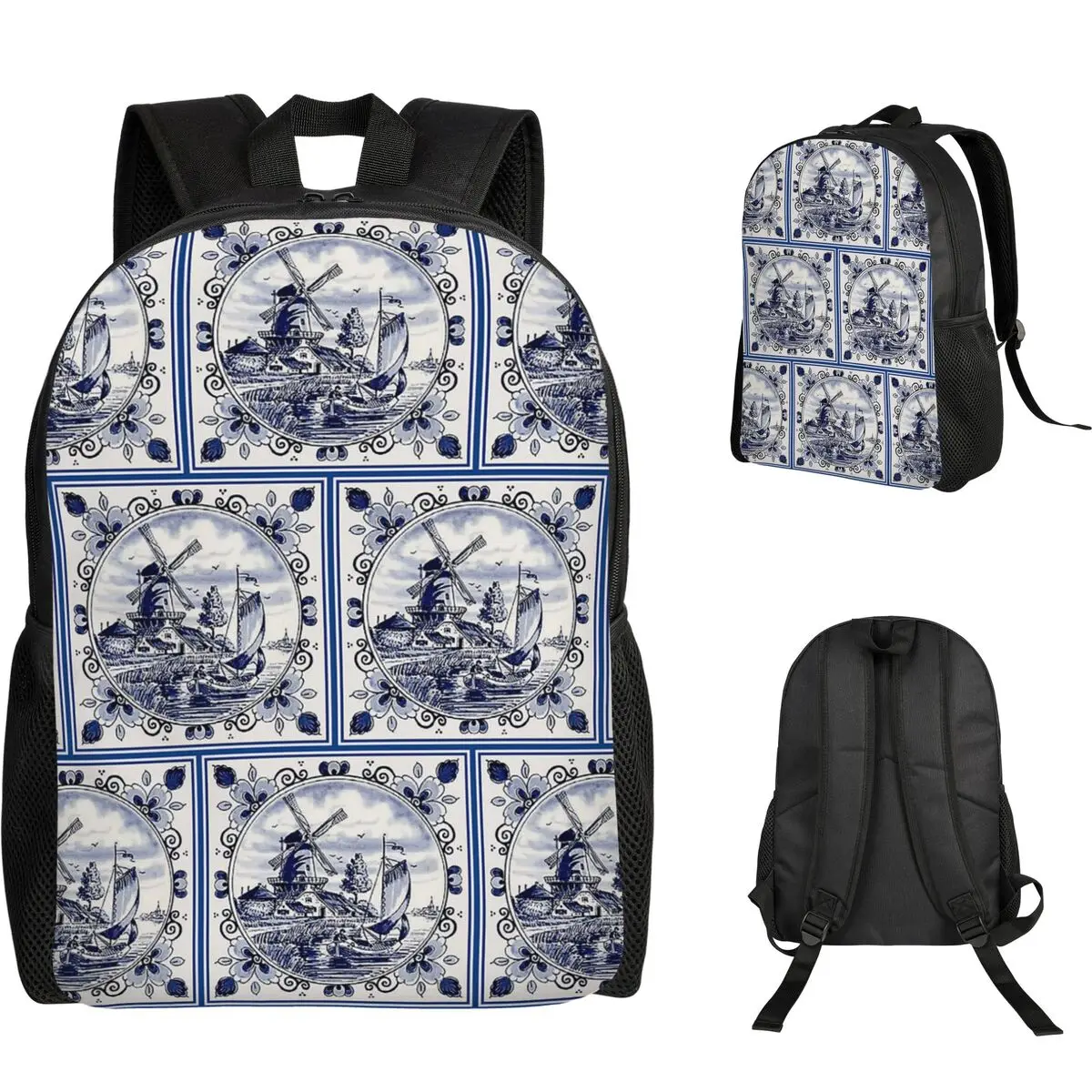 Dutch Blue Delft Vintage Windmill Print Student Backpack School Bag Hiking Travel Daypack for Boys Girls Bookbag Shoulder Bags