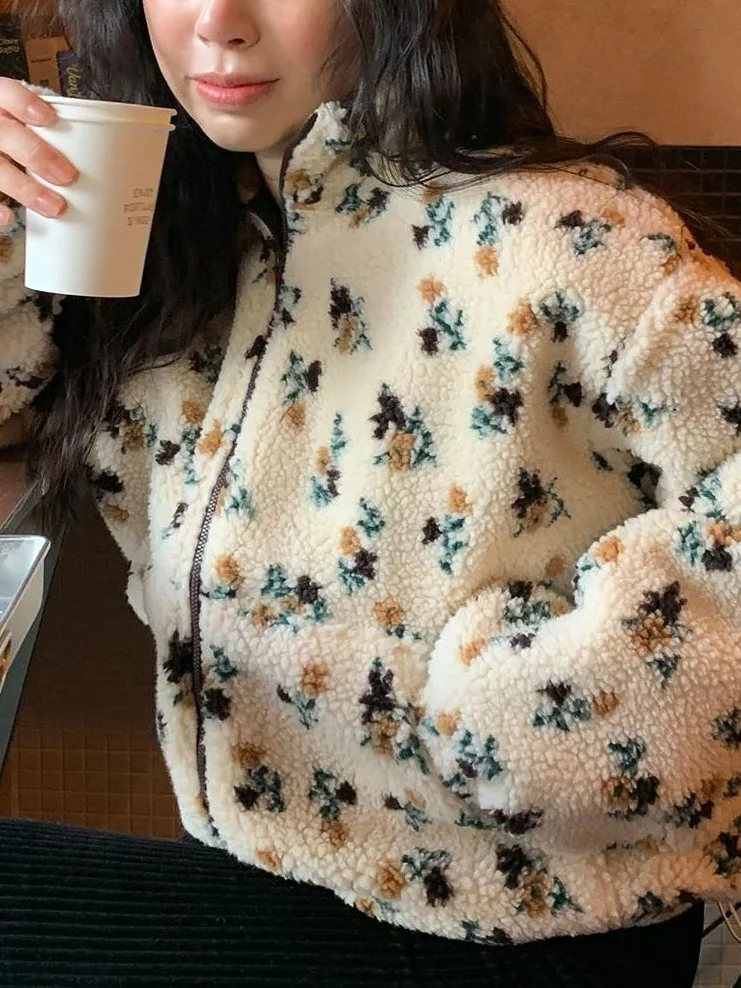 

Chic Winter Floral Lamb Fur Collar Long Sve Loose Women's Cotton Jaet Coat Sli Lazy Sle Small Size Cotton Outerwear