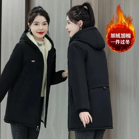 

Plus Velvet Thicken Cotton Coat Women Winter Jacket 2025 New Mid-length Hooded Warm Cotton Padded Jacket Winter Parkas Lady Coat