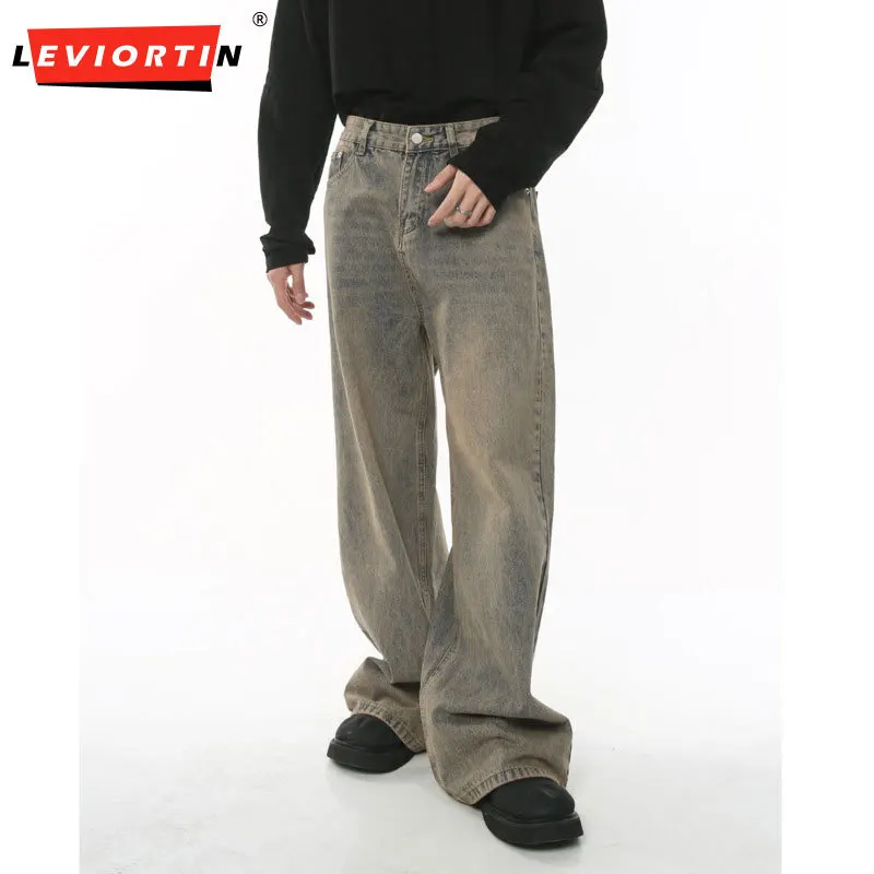 LEVIORTIN 2024 Spring Men's Baggy Jeans Worn Out Loose Wide Leg Denim Pants Chic Distressed Streetwear Vintage Male Trousers