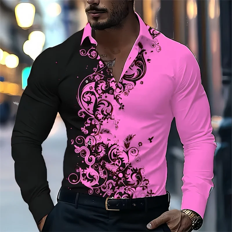 Men's black and white color-blocked retro patterned long-sleeved shirt, outdoor street style business casual men's top, XS-6XL
