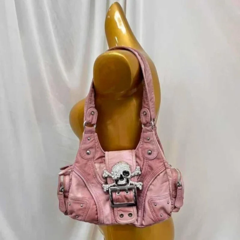 Gothic Punk Multi Pocket Faux Leather Handbag Vintage Rivet Crossbody Tote Bag Pink Y2K Skull Rhinestone Hobo Shoulder Bag