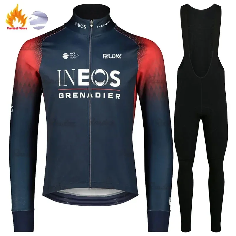 INEOS Grenadier Winter Cycling Jackets Long Sleeves Fleece Cycling Clothing MTB Cycling Bib Pants Set Warm Road Bike Sportswear