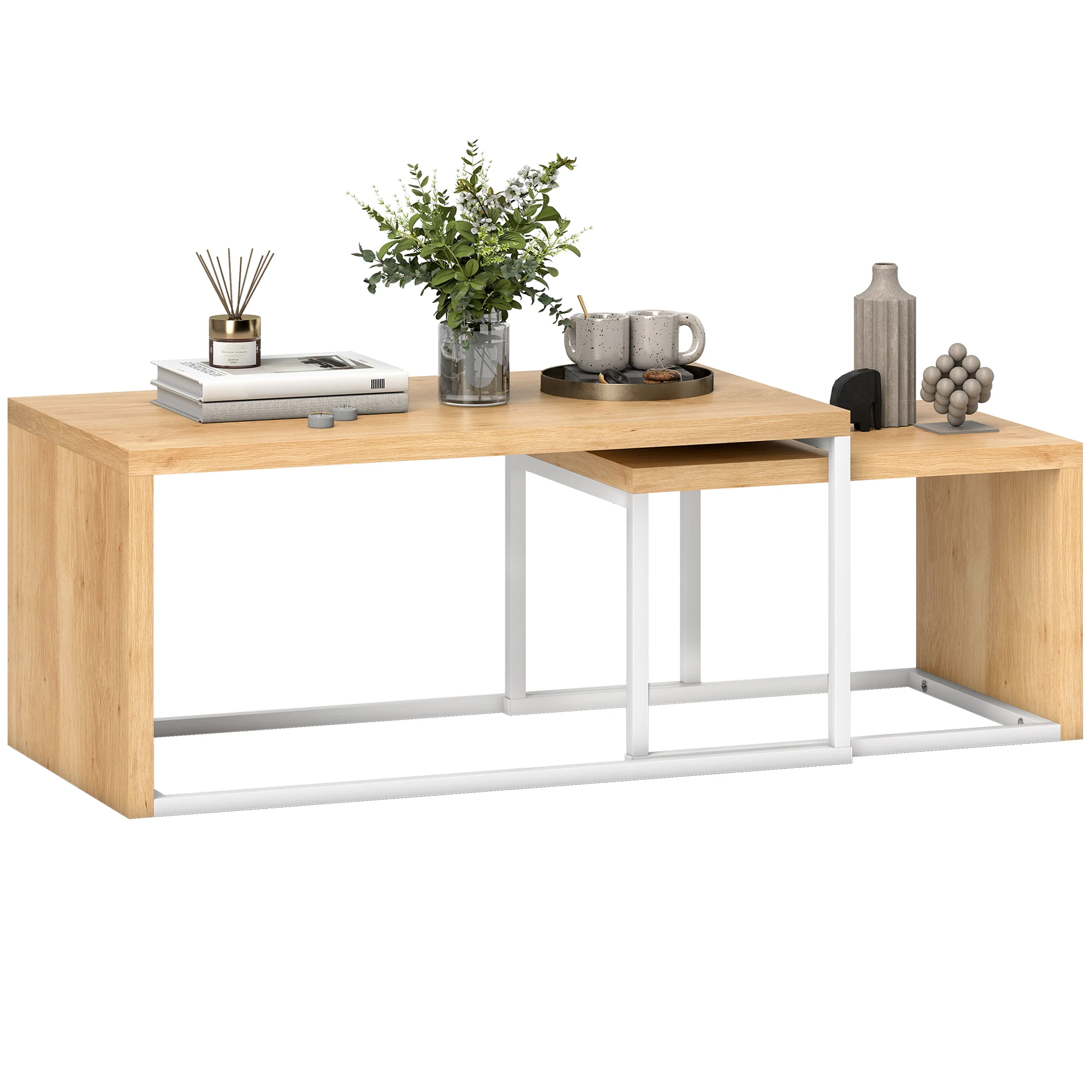 HOMCOM Juego de 2 Mesas de Centro Mesa Nido Moderna Marco de Metal para Salón 90x48x42 cm y 59x42x36 cm Natural y Blanco