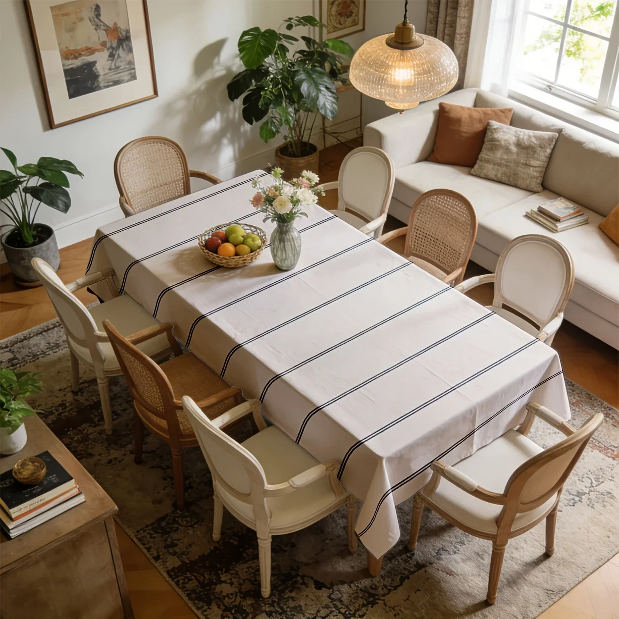 Tablecloth 2D Flat Printing - 1 piece - Vertical stripe style, white and beige color scheme, durable polyester fabric, yzb