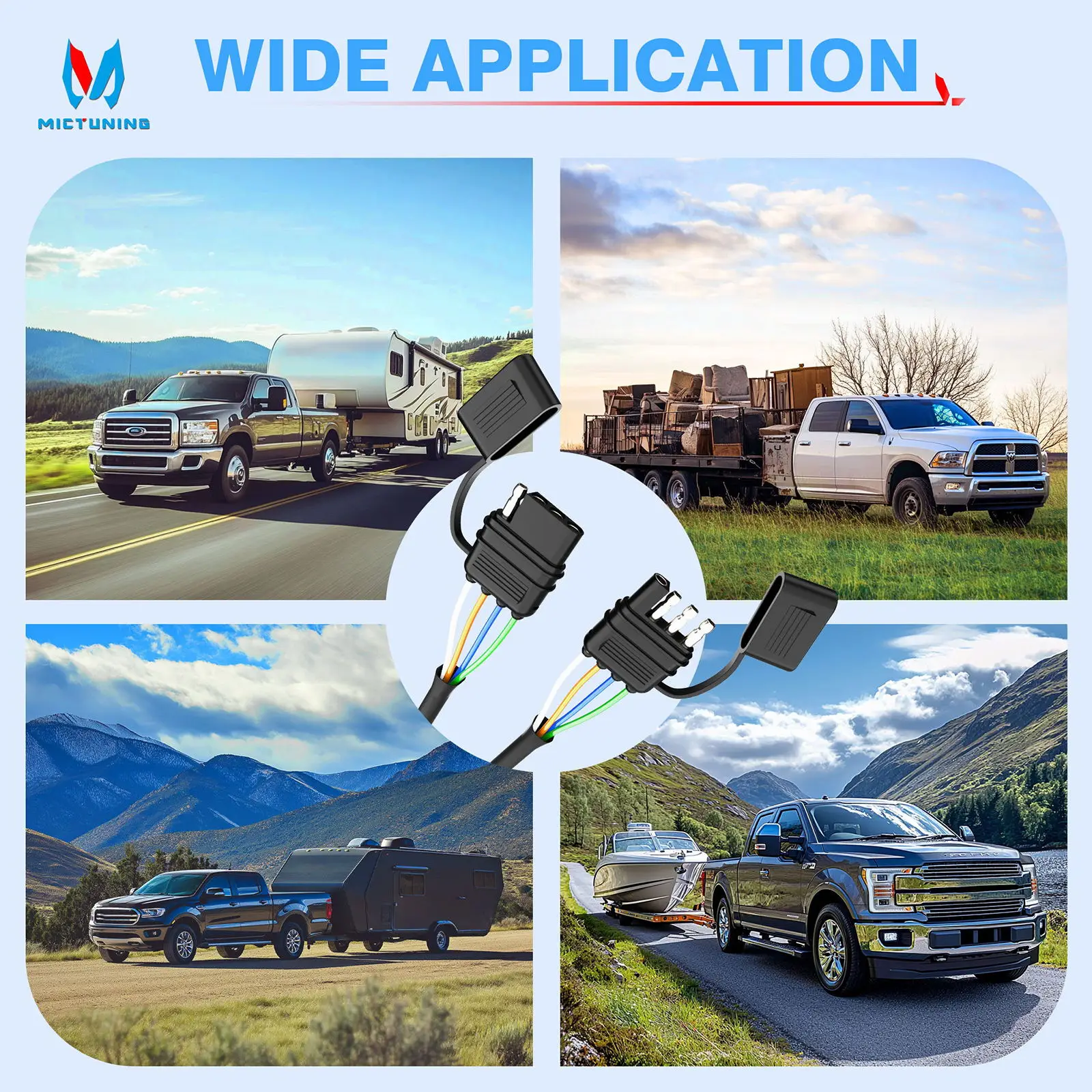 MICTUNING 4-pinowy przedłużacz przyczepy 12" 16AWG Wytrzymałe miedziane złącze końcowe do samochodów ciężarowych/przyczep odporne na warunki atmosferyczne z dzielonym krosnem