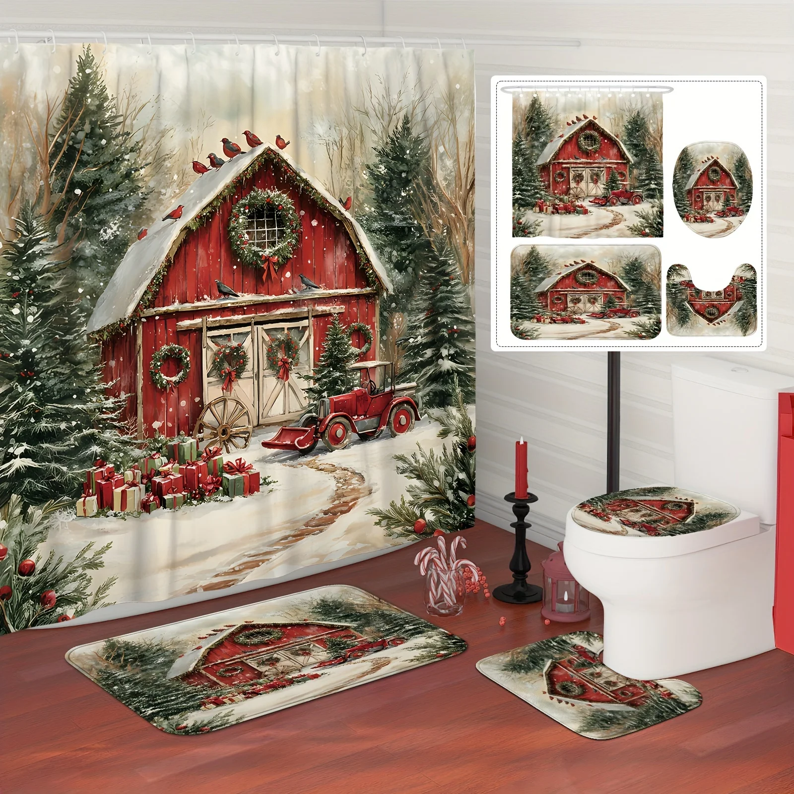 4Pcs Xmas Shower Set, Tree & Red Cardinal, Farmhouse Red Green, Holiday Bath Decor, 12 Hooks, Non-Slip Mat, U-Shaped Cover