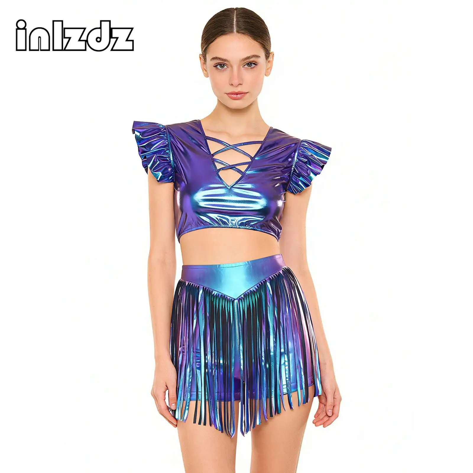 

Women Iridescent Metallic Jazz Dance Outfit Fly Sleeve Crop Top And High Waist Tassel Hot Pants Shorts for Rock Dance Club Party