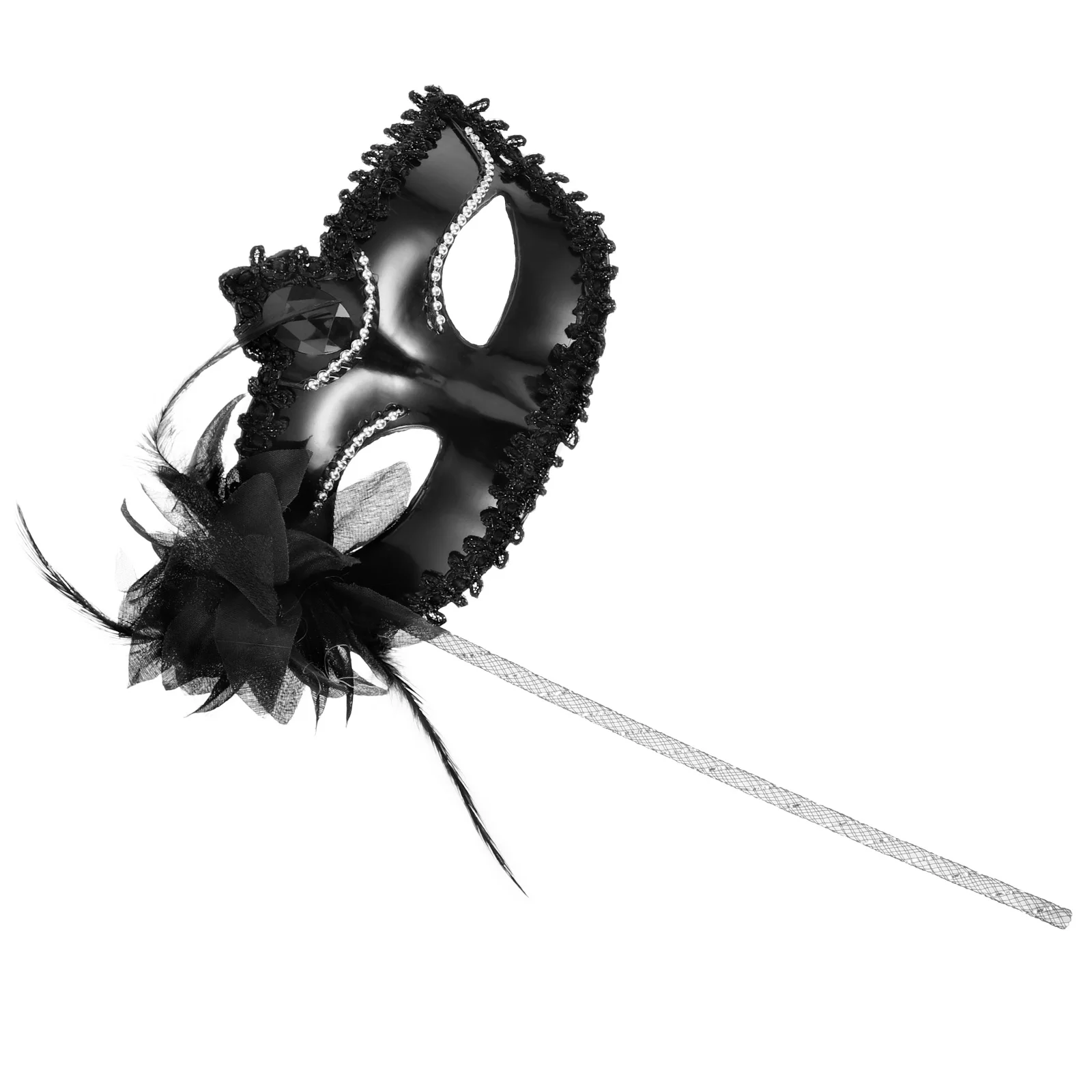 

Masquerade Party Mask Half Face for Women Handheld Silver Black Costume Prop Decorated Carnival Halloween Masks