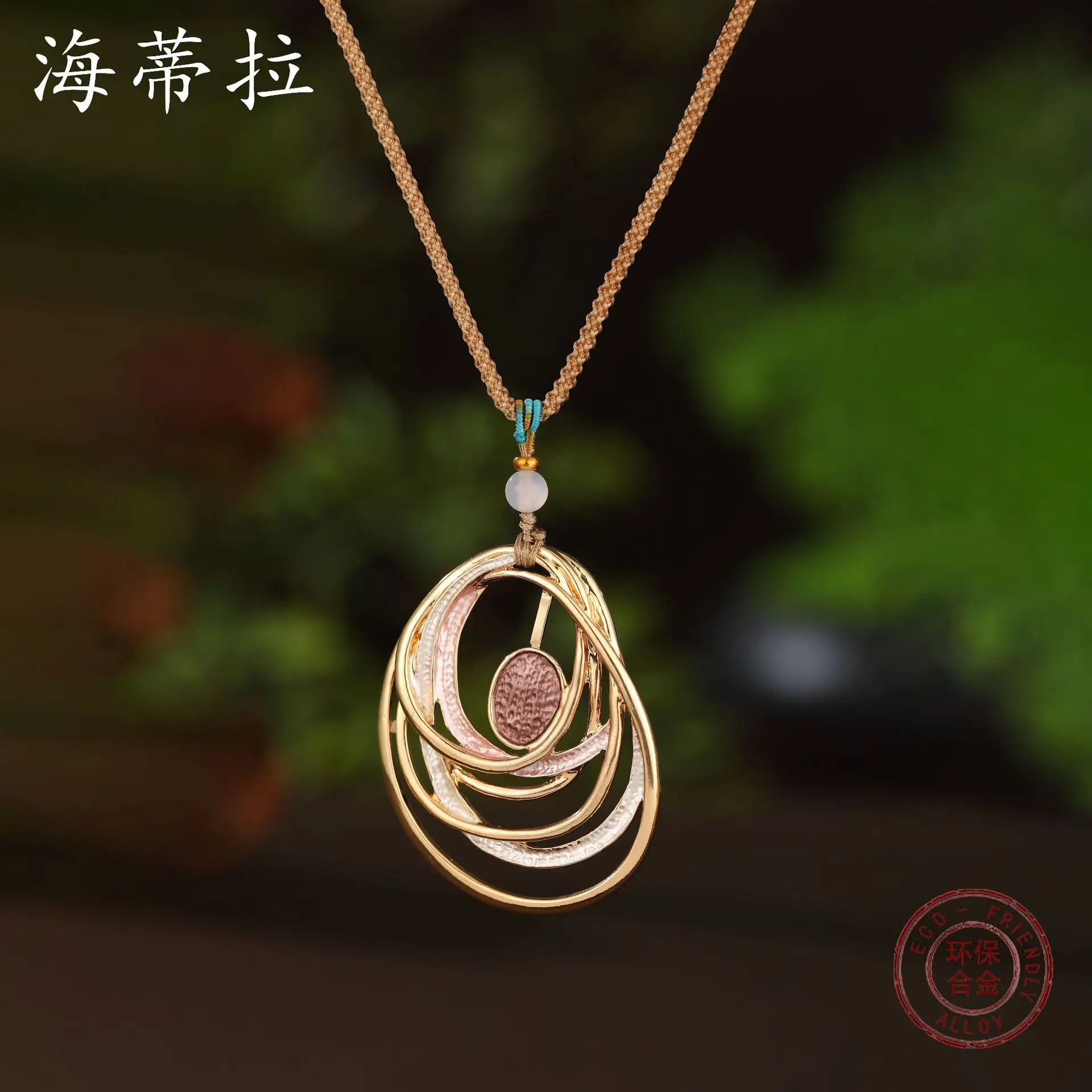 

new color painting oil hollow oval braided rope long pendant, women's retro premium flower long necklace
