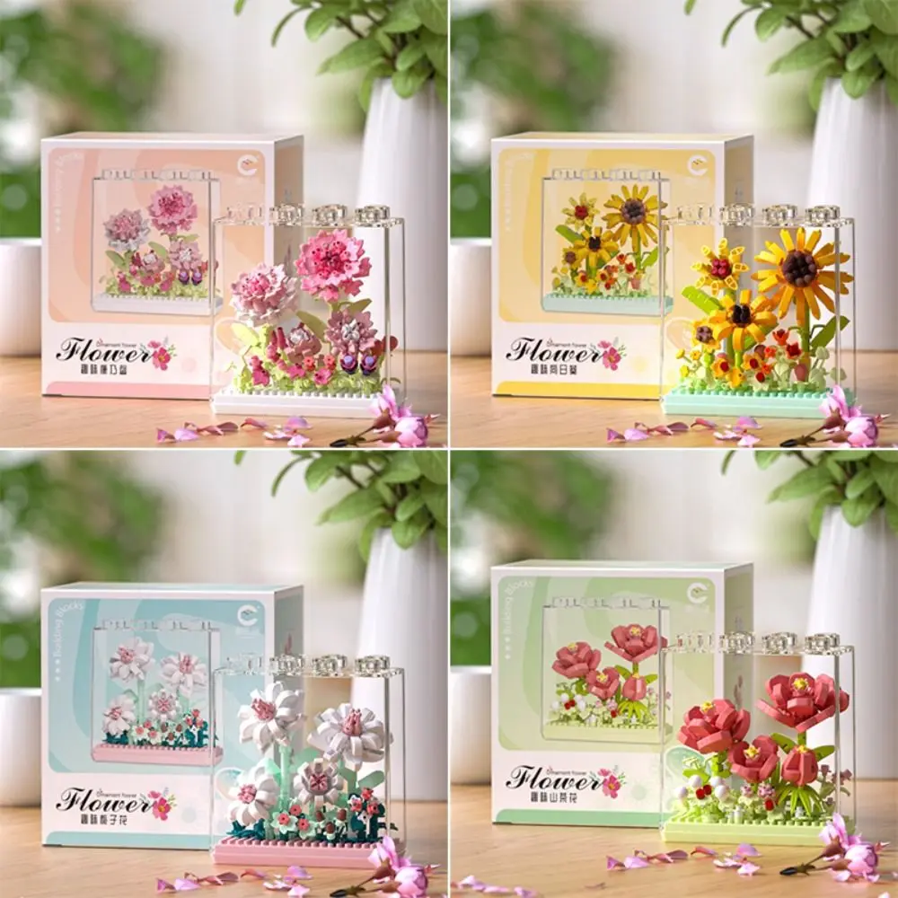 Kawaii Flower Bouquet Building Blocks Carnation/Sunflower/Gardenia/Camellia DIY Assembly Model Cartoon Block Toys