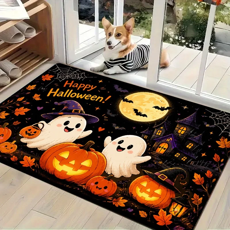 Happy Halloween Ghost Pumpkin Doormat, Moon Bat Haunted House Print Entryway Mat, Spooky Front Door Decor