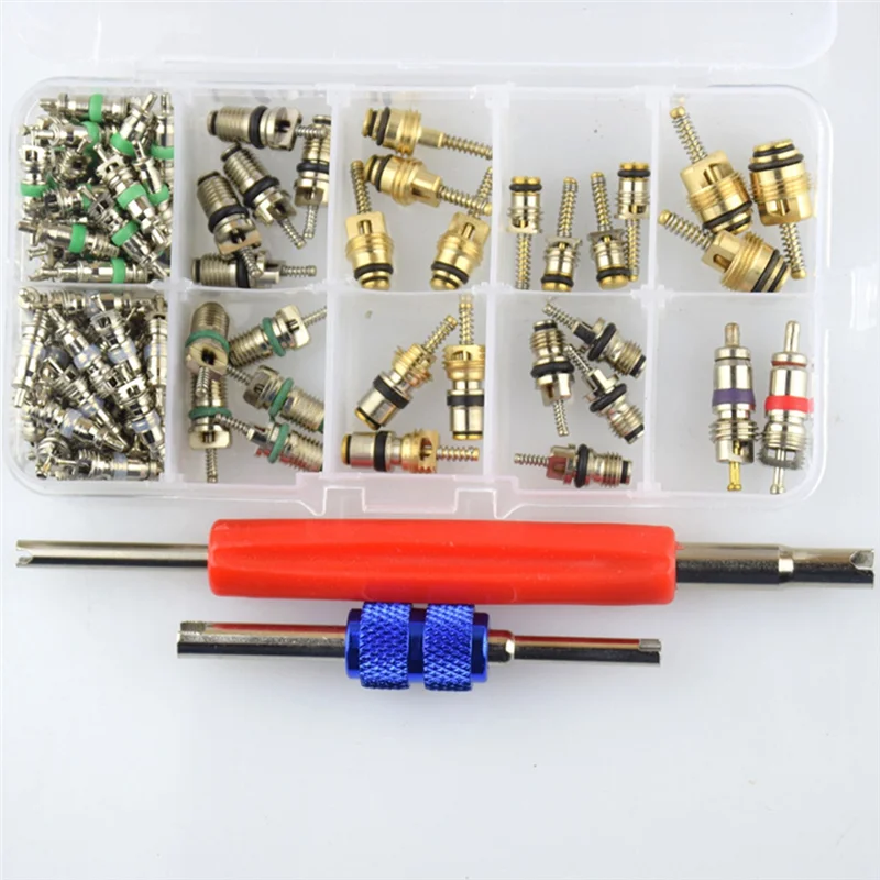 104Pcs Car Air Conditioner Valve Cores Assortment A/C AC Shrader Valve Core & Tool R134 R12 HVAC Valves Kit