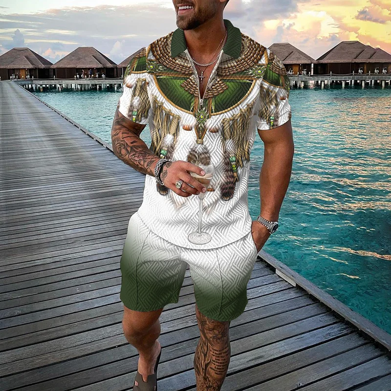 Zipper Polo Shirt Suit Shorts 2 Pcs Set Holiday Summer New Men 3D Printed Beach Style Streetwear Casual Clothing Oversize - Image 5