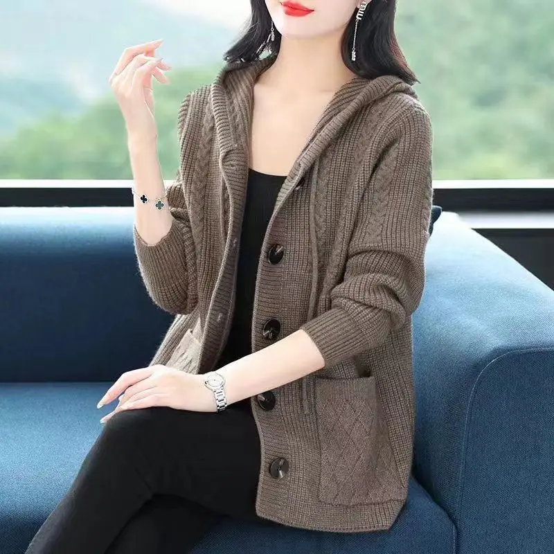

Spring Autumn ort Knitted Jaet Women's Loose Thiened Sweatirt Coat Fem Middle Aged And ly Wear Commute Sle