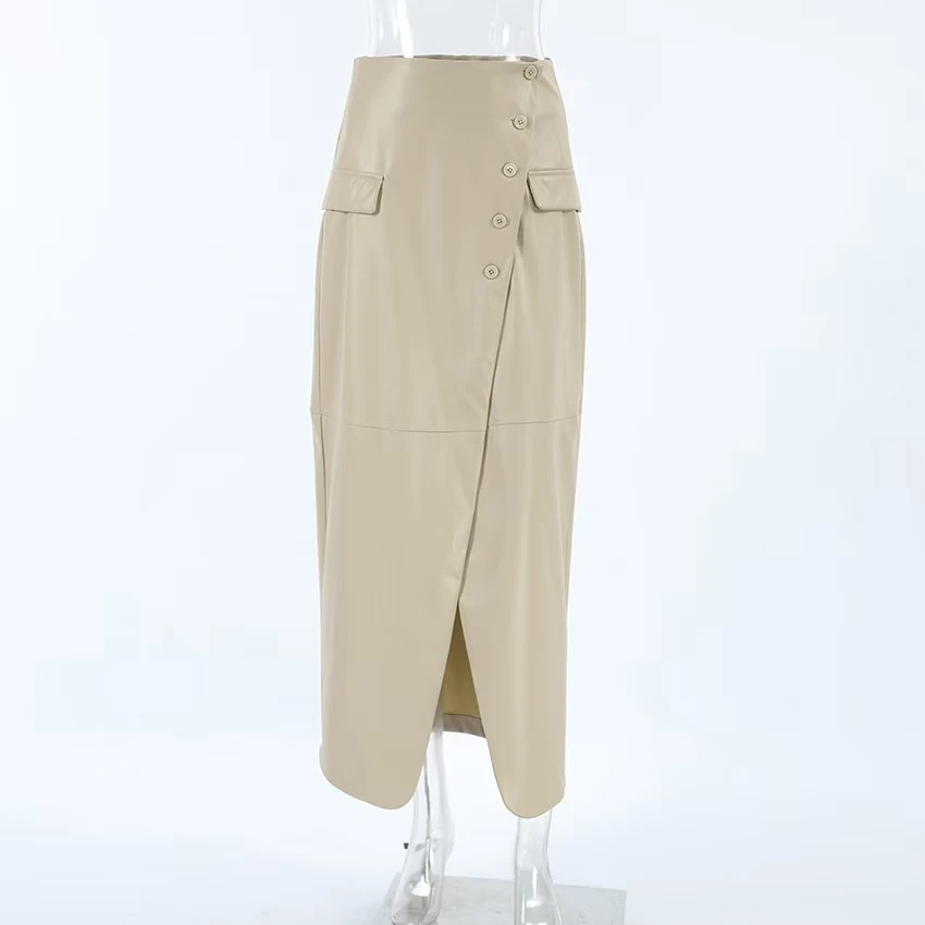 High Waist Fce Lined PU Leather Split Skirt A-Line Long Dr Commute Sle Pure Color Design for Women