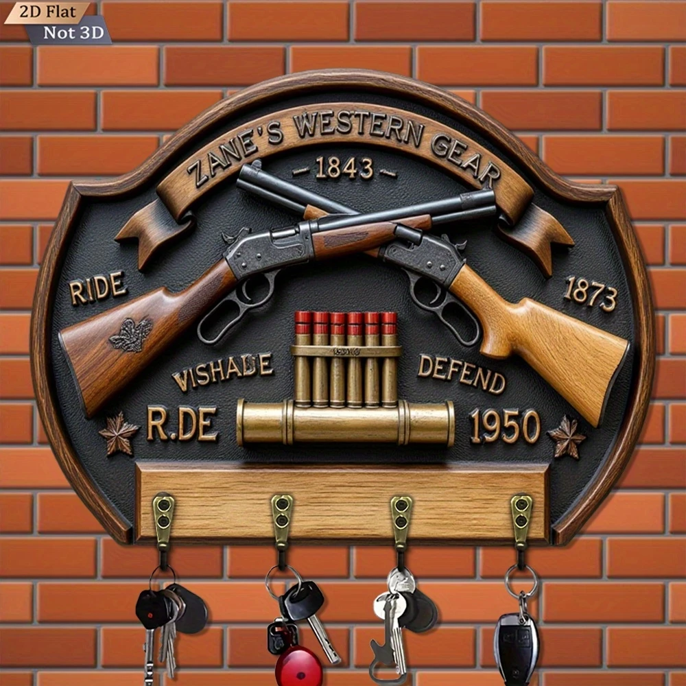 2D Retro Western Double Gun Key Hook Wooden Multi-functional Home Key Holder Wall Entrance Decor for Villa Pavilion