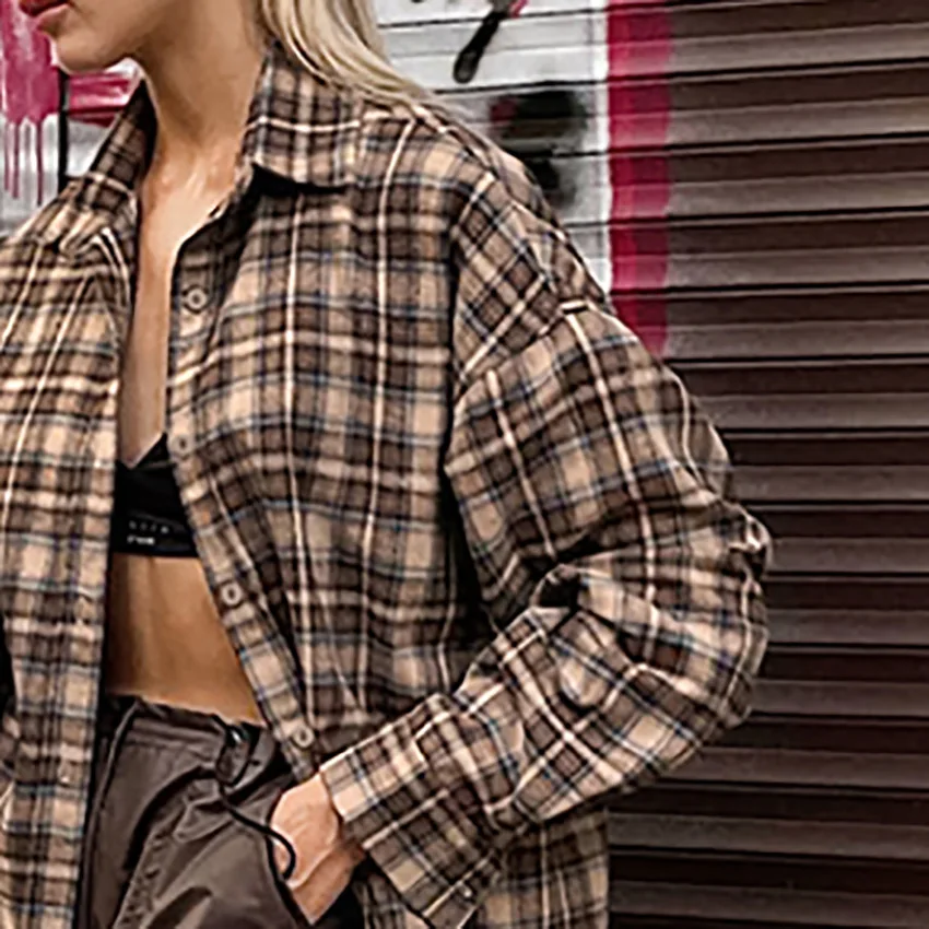 Fashion Brown Plaid Blouses Women 2024 Streetwear Long Sleeve Loose Shirts Casual Turn Down Collar Office Lady Plaid Tops