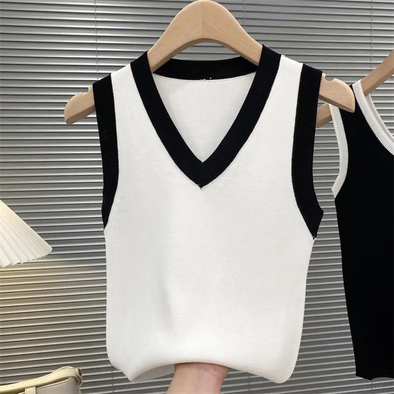 V-neck Knitted Tank Top For Women's 2023 Summer New Color Matching Thin T-shirt Top