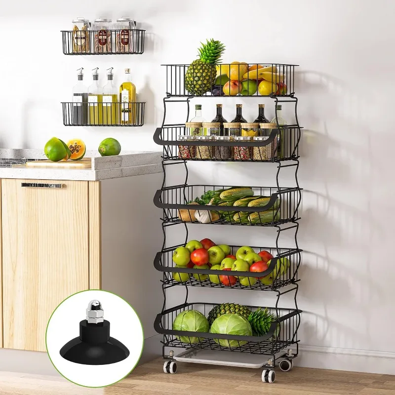 

Fruit Vegetable Basket, 5 Tier Stackable Metal Wire Basket Cart with Rolling Wheels, Utility Rack for Kitchen, Pantry, Garage