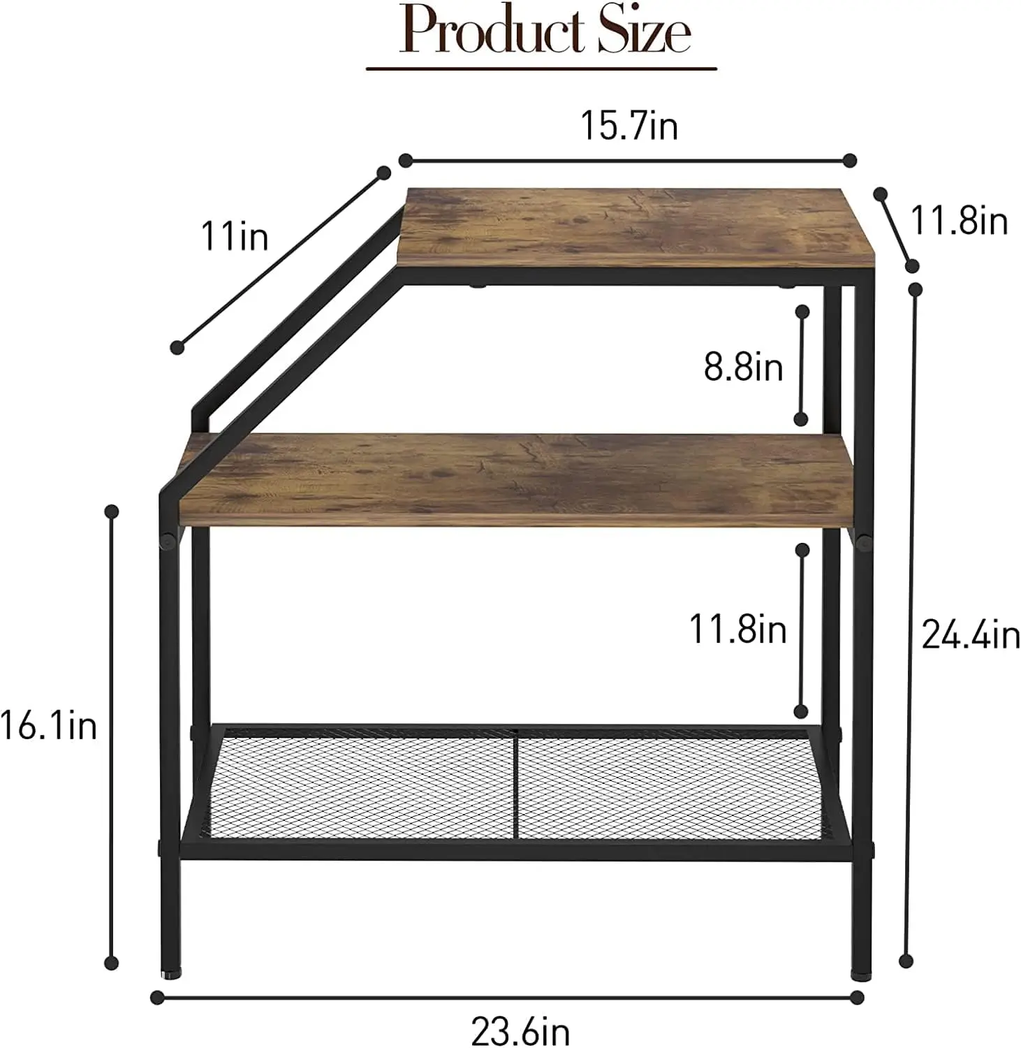 End Table 3 Tiers 2Pcs Wood Nightstand With Storage Ladder Shelf,Industrial Sofa Side Table For Small Space, Modern Trapezoid