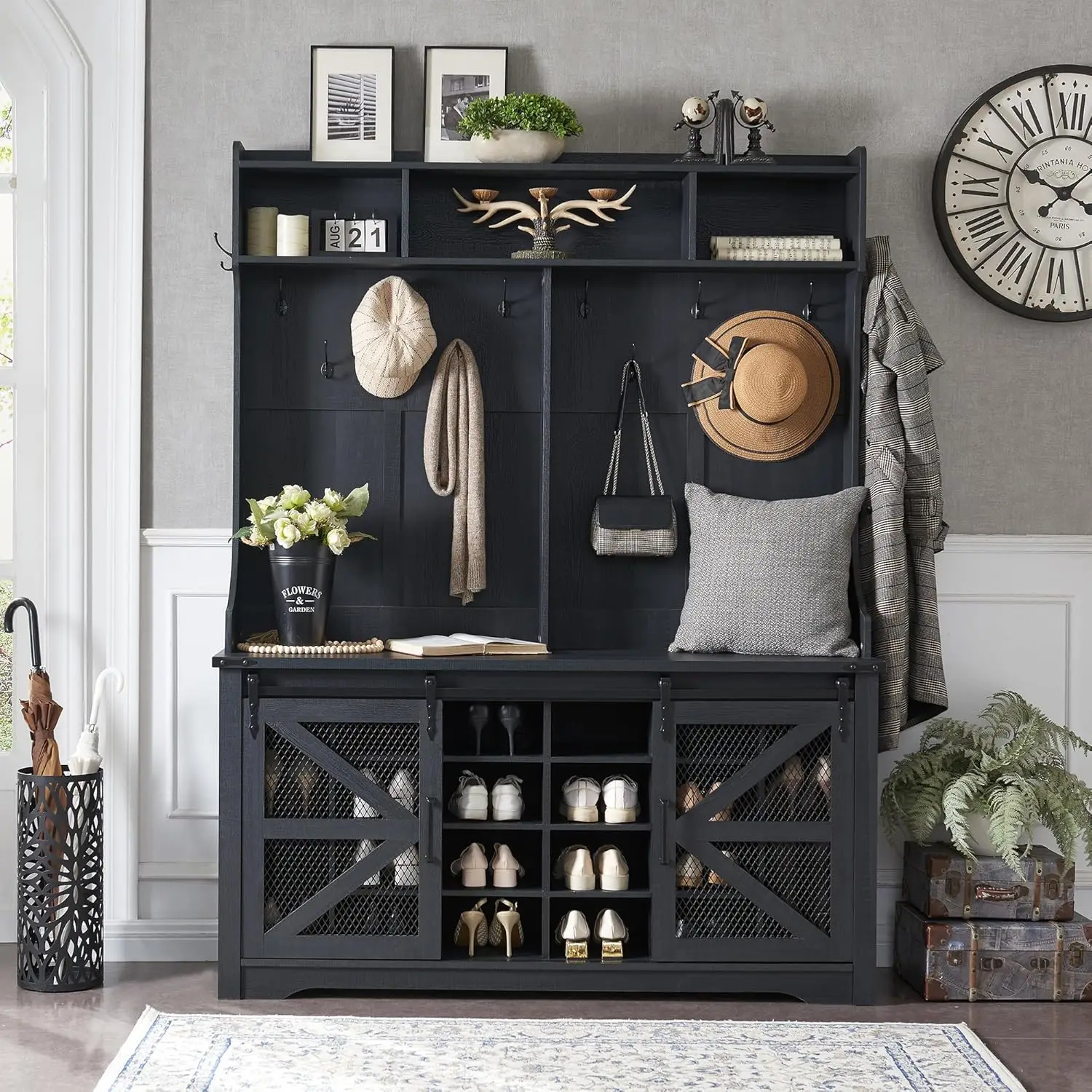 Farmhouse Entryway Bench with Coat Rack, 20 Shoe Cubbies & 12 Coat Hooks, 59" Wide Hall Tree with Shoe Storage Bench