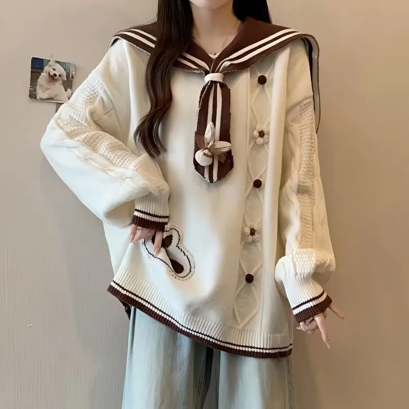 

Sailor Collar Knitted Sweater 2025 New Autumn Winter Women Long Sleeve Knitted Pullover Lovely Student Loose knitted Sweater