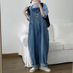 Japanese Loose Cute Jumpsuits Women New Cartoon Embroidery Oversized Denim Overalls Female Cuffed Wide Leg Trousers