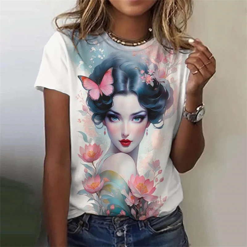 

Женская футболка больших размеров с красивым цветочным узором для девочек, футболки с 3D принтом мультфильмов, повседневные свободные футболки с круглым вырезом, топ с короткими рукавами