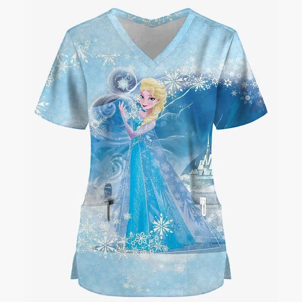 Disney Princess Print Scrub Tops Women Dentist Working Uniform Nurse Scrub Uniformes Medicos Para Mujer Tooth Hospital Workwear