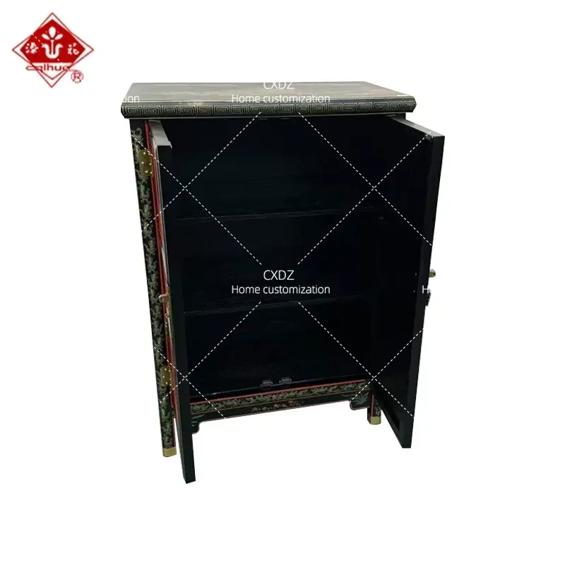 New Chinese Style Lacquerware Carved Jade Inlay Double Door Cabinet Dining Sideboard Wall Integrated Storage Shelf