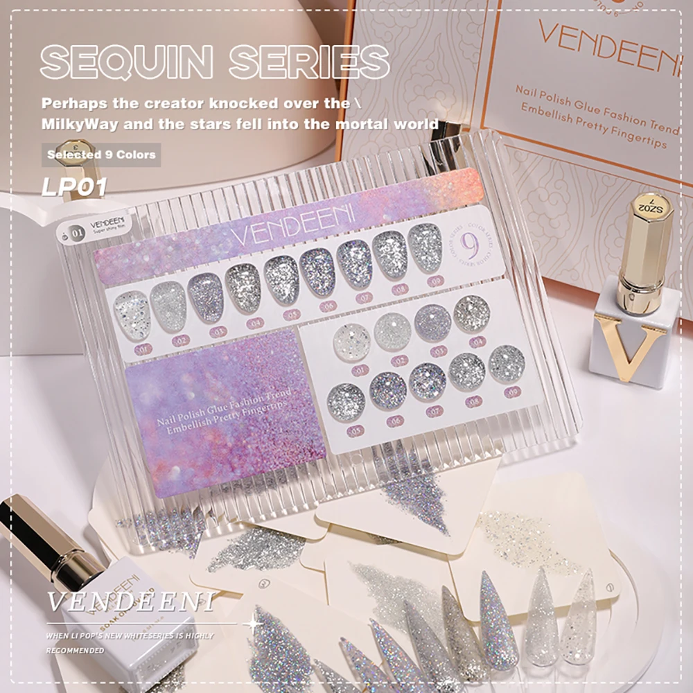 

Vendeeni 9 Colors/Set Shiny Sequins Gel Nail Polish UV LED Soak Off Gel Lacquer Silver Glitter Gel Varnish For Nail Art Design