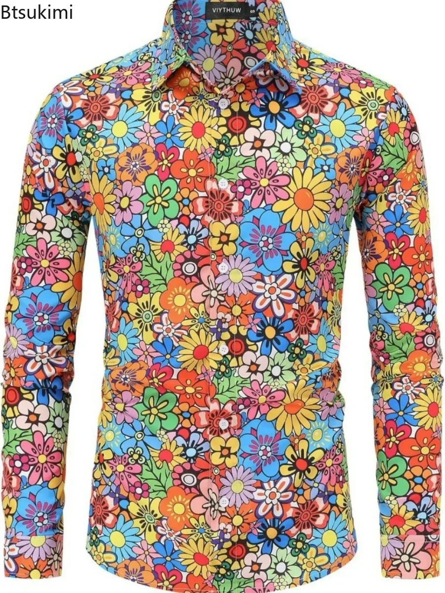 เสื้อเชิ้ตแขนยาวพิมพ์ลายผู้ชายใหม่ สไตล์ลำลองลายชนเผ่า สำหรับฤดูใบไม้ผลิและฤดูใบไม้ร่วง เสื้อแฟชั่นผู้ชายลายพิมพ์วินเทจ สำหรับงานปาร์ตี้ดิสโก้