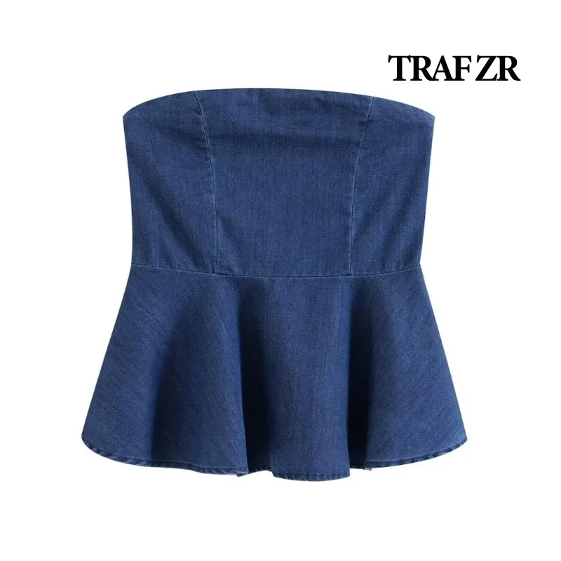 TRAF ZR Demin Tube Top Cami T-shirt One Pieces Women's Evening Corset Sexy Shirts Y2k Short Crop Casual Women Summer Tops Female