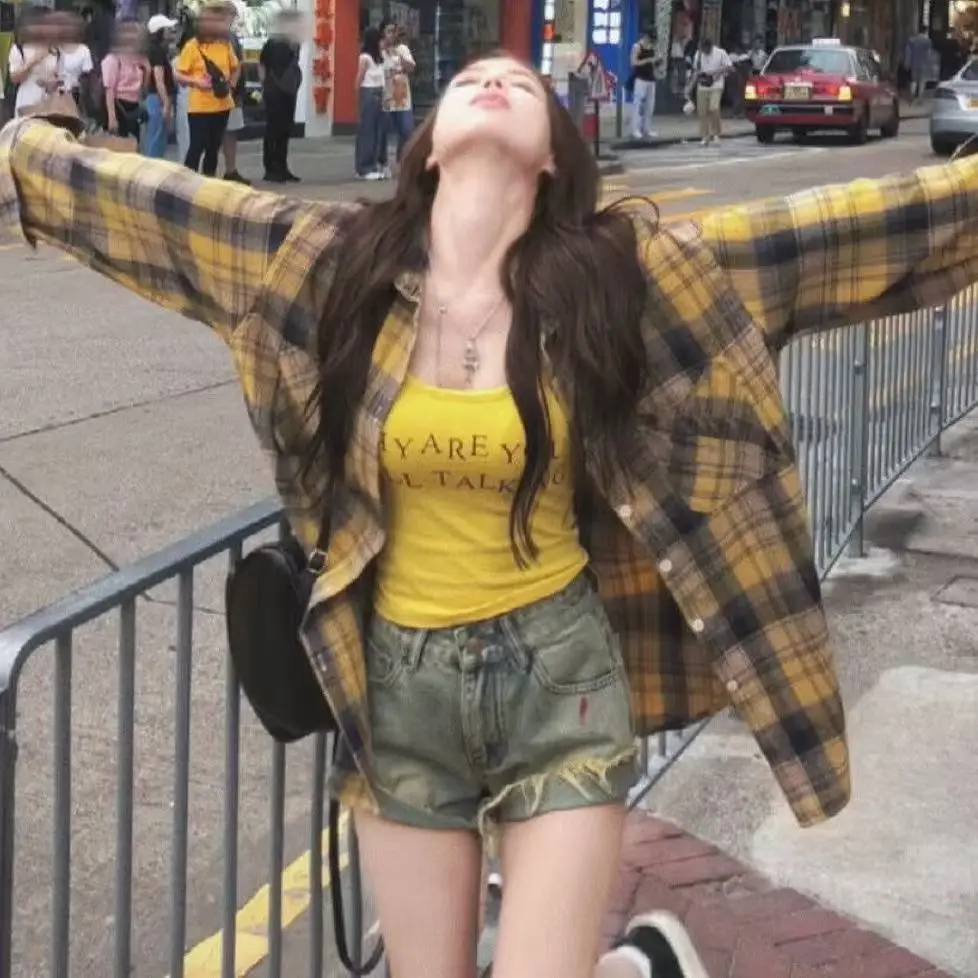 Chic Yellow Plaid Loose Fit Women's Shirt Thin Korean Style Commute Fashion Sun Protection Outerwear Long Sleeve Collar
