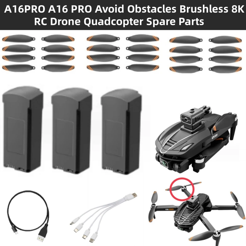 A16PRO A16 PRO Avoid Obstacles Brushless 8K 3KM Optical Flow RC Drone Quadcopter Spare Parts 7.4V 3000mAh Battery/Propeller/Arm