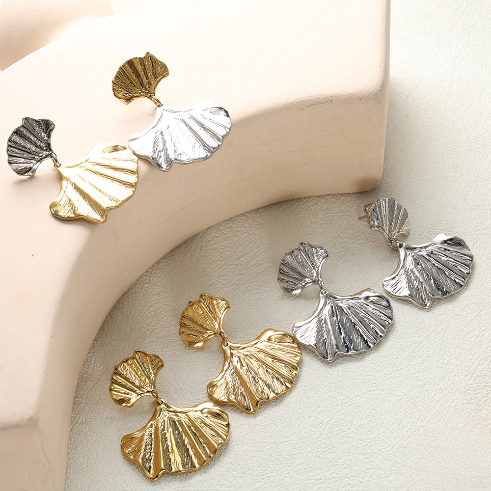 Ginkgo Flower Stainless Steel Earrings for Women Gold and Silver Color Hanging Earrings French Vintage Sweet Pierced Earrings