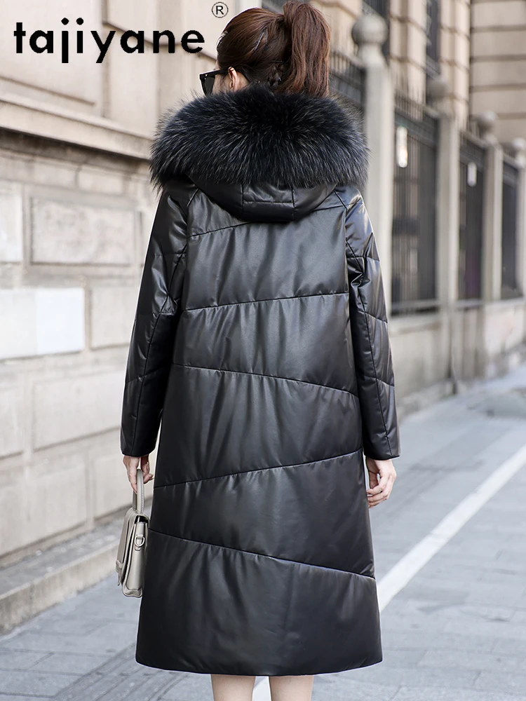 TAJIYANE 100 % Rindsleder-Gänsedaunenmantel für Damen, Waschbärpelzkragen, Pufferjacke, echte Lederjacken, 2025, Damenbekleidung,ariiitut