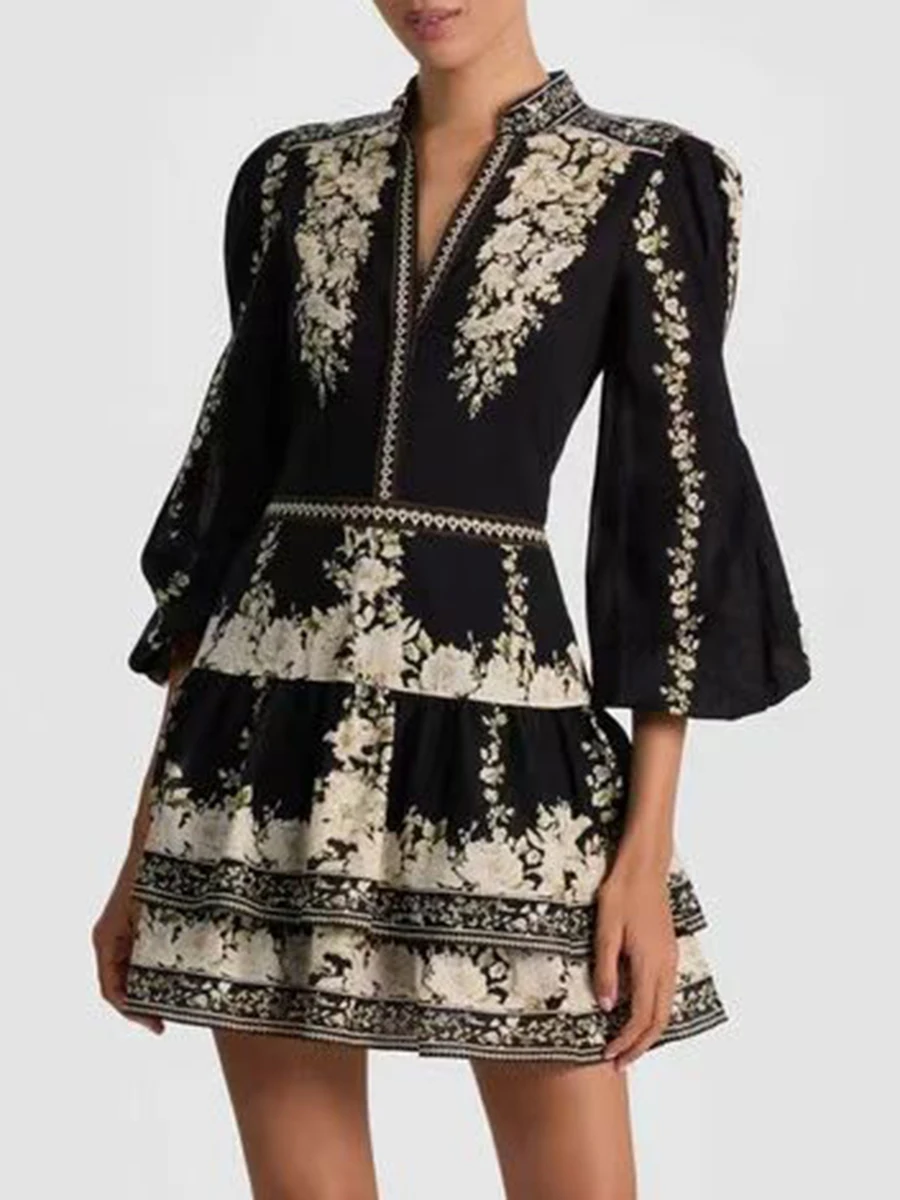 VGH Vintage Indie Folk Style Print Dress for Women V Neck Three Quater Sleeves Patchwork Hollow Out Tiered Dresses Female New