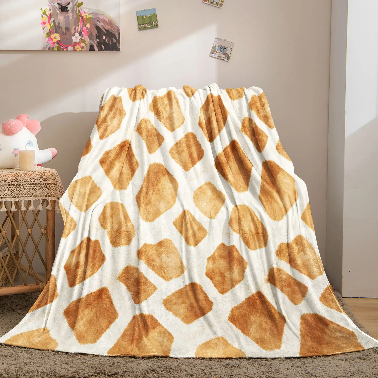 Giraffe Print Throw Blanket Faux Giraffe Skin Pattern Soft Microfiber Warm Flannel Blanket for Sofa Couch Farmhouse Home Decor