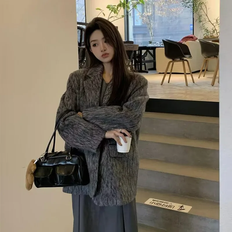 Woolen Suit Jacket Autumn Winter Women High-end Fashion Design Mid-length Gray Woolen Coat Korean Style Loose Leisure Outwear